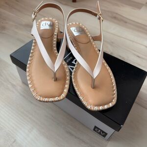 DV by Dolce Vita Cream and Tan Leather T-Strap Sandals